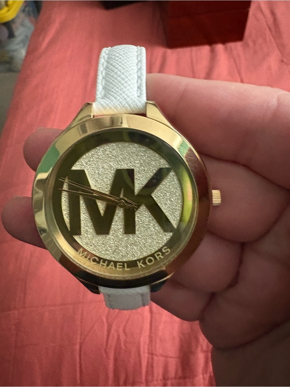 Michael Kors Gold-Tone Logo Dial Watch with White Strap